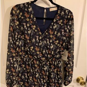 Altar’d State Women’s Cottagecore Navy Multi Floral Long Sleeve Romper Medium
